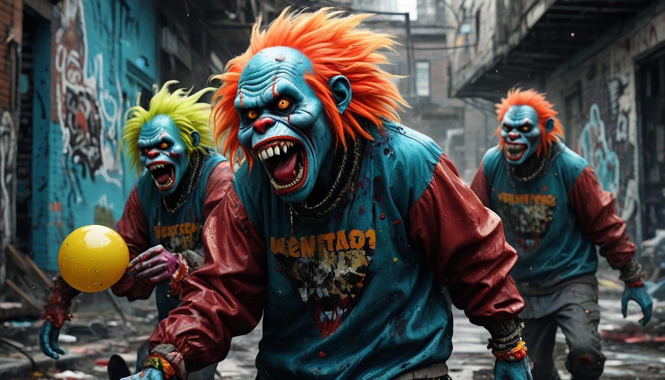 Vibrant Zombie Monkey Monster Clowns Engage in Water Balloon...
