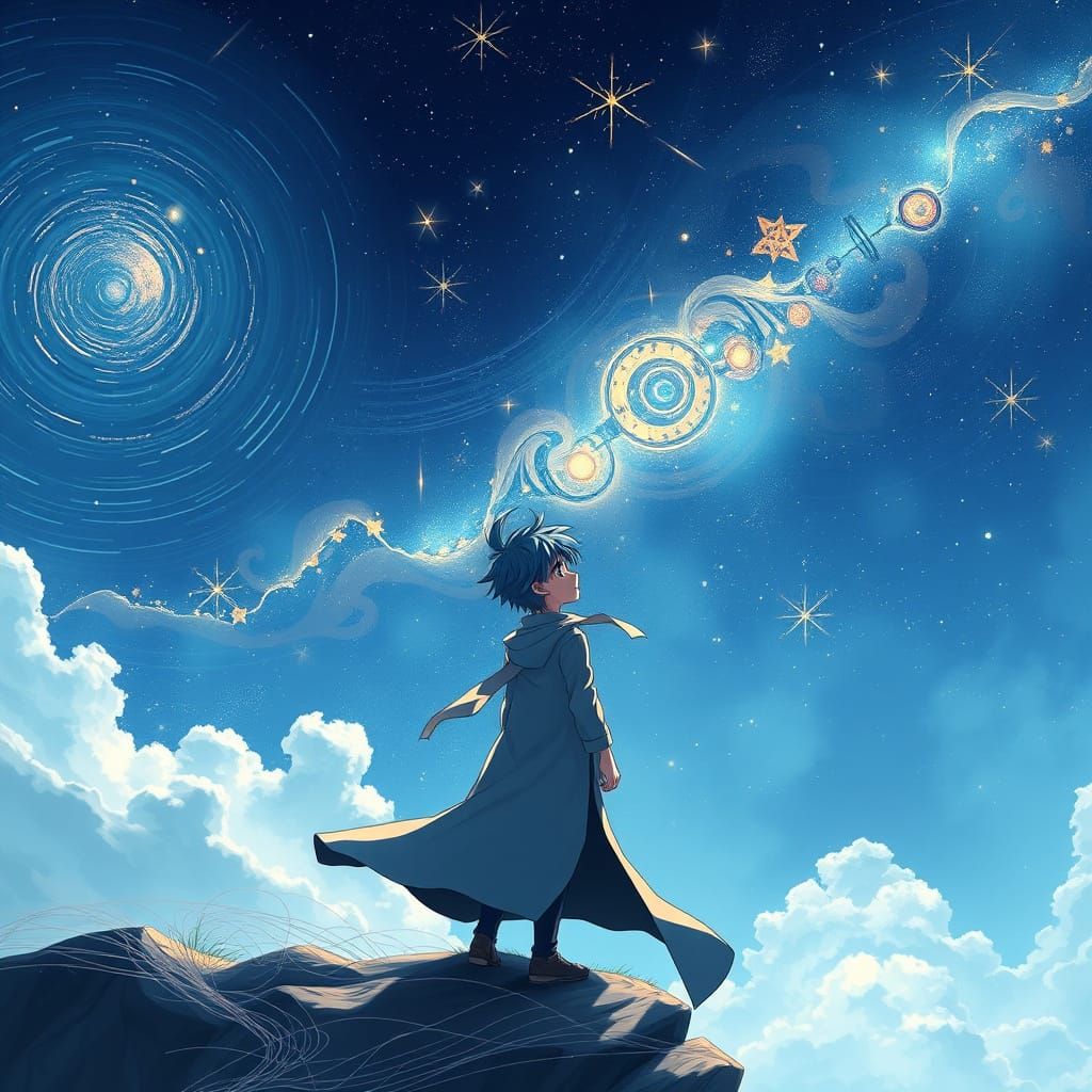 Anime Boy Stands on Windswept Cliff, Gazing at Starry Sky in...