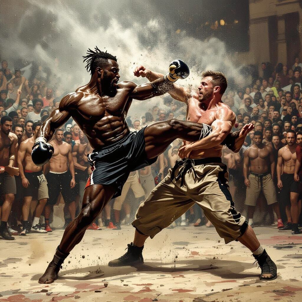 Muscular Black Man Kicks Opponent in Intense Fight Scene