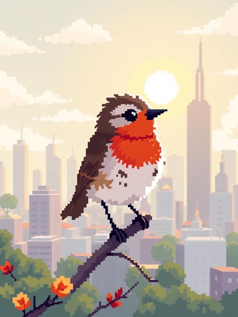 Cute Pixel Art Robin in Cityscape