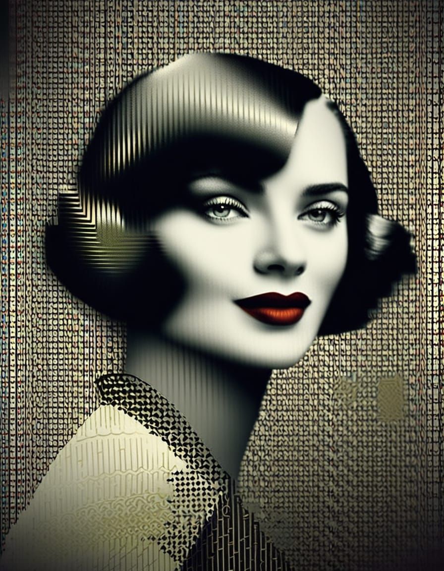 Woman's Face in Art Deco Style with Red Lips and Green Eyes