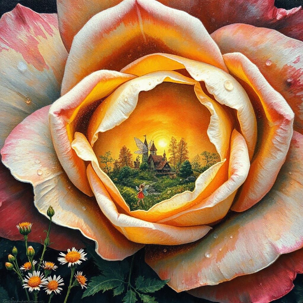 Fairy Village Inside Rose in Gouache Style