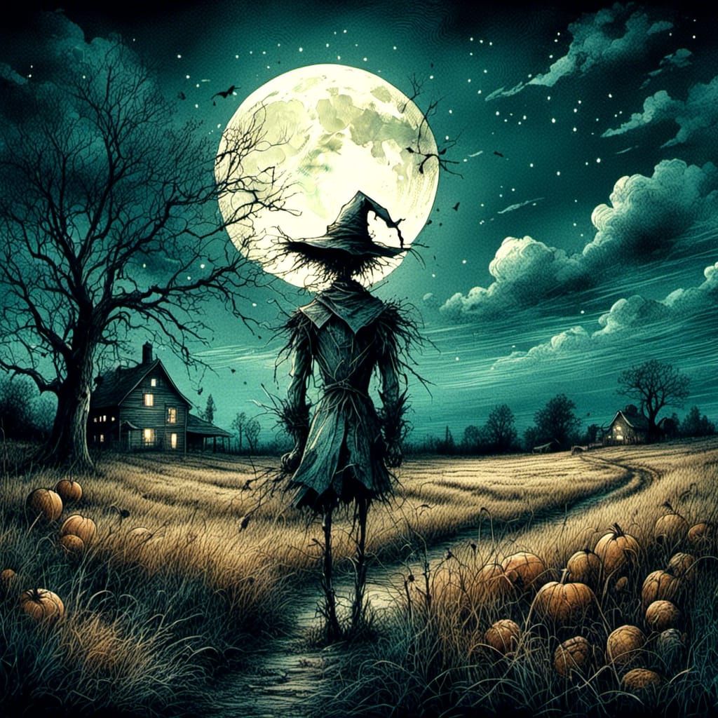 Creepy Scarecrow in Moonlit Field with Glowing Smile