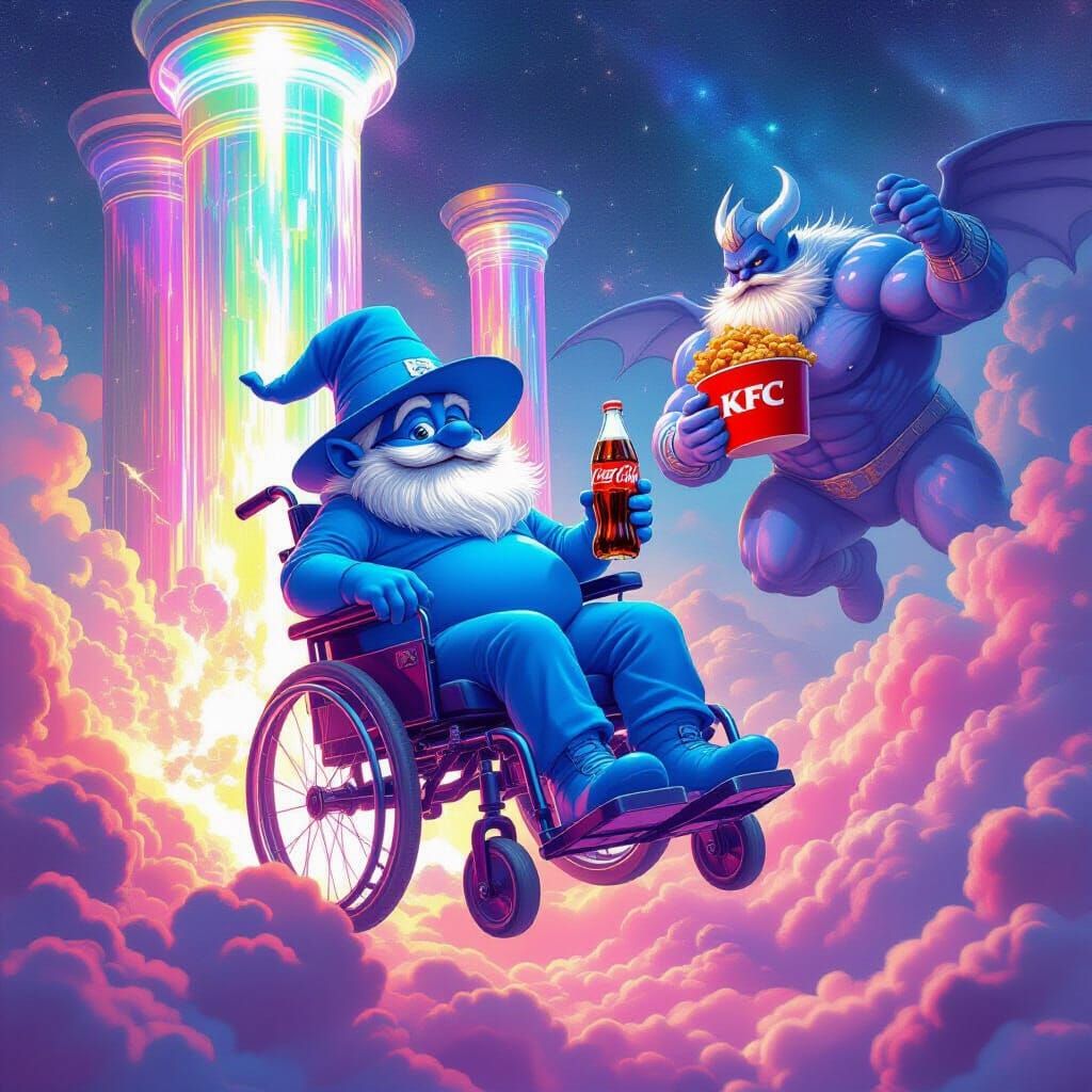 Obese Smurf Rides a Flying Wheelchair in Cosmic Art