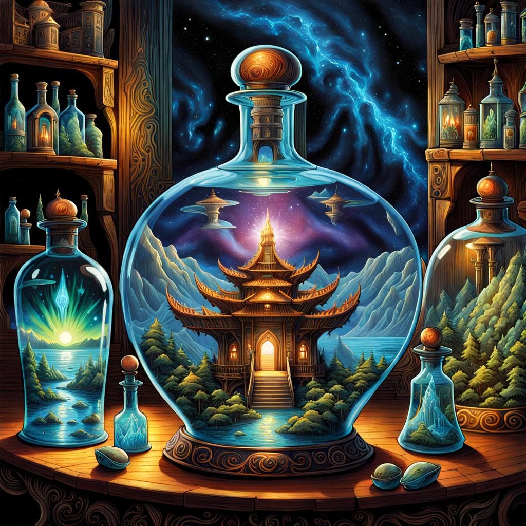 Bioluminescent Alien Temples in Glass Bottles