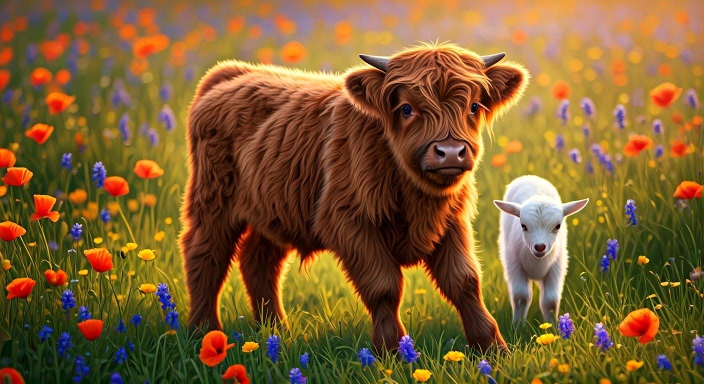 Vibrant Highland Calf in a Scottish Meadow