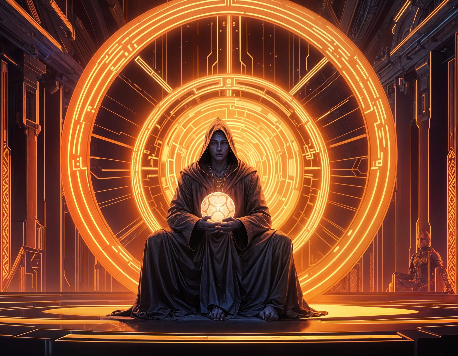 Cybermonk Meditating Before Luminescent Orb: Digital Art