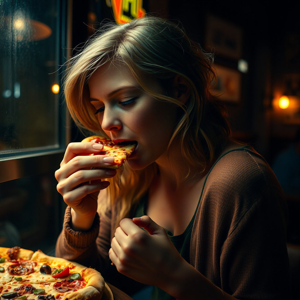 Woman Eating Pizza in Cinematic Lighting
