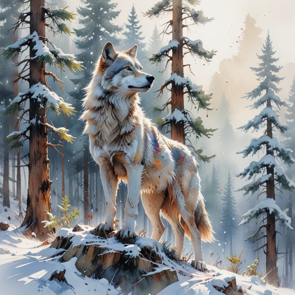 Majestic Wolf on Snowy Ridge in Watercolour Style