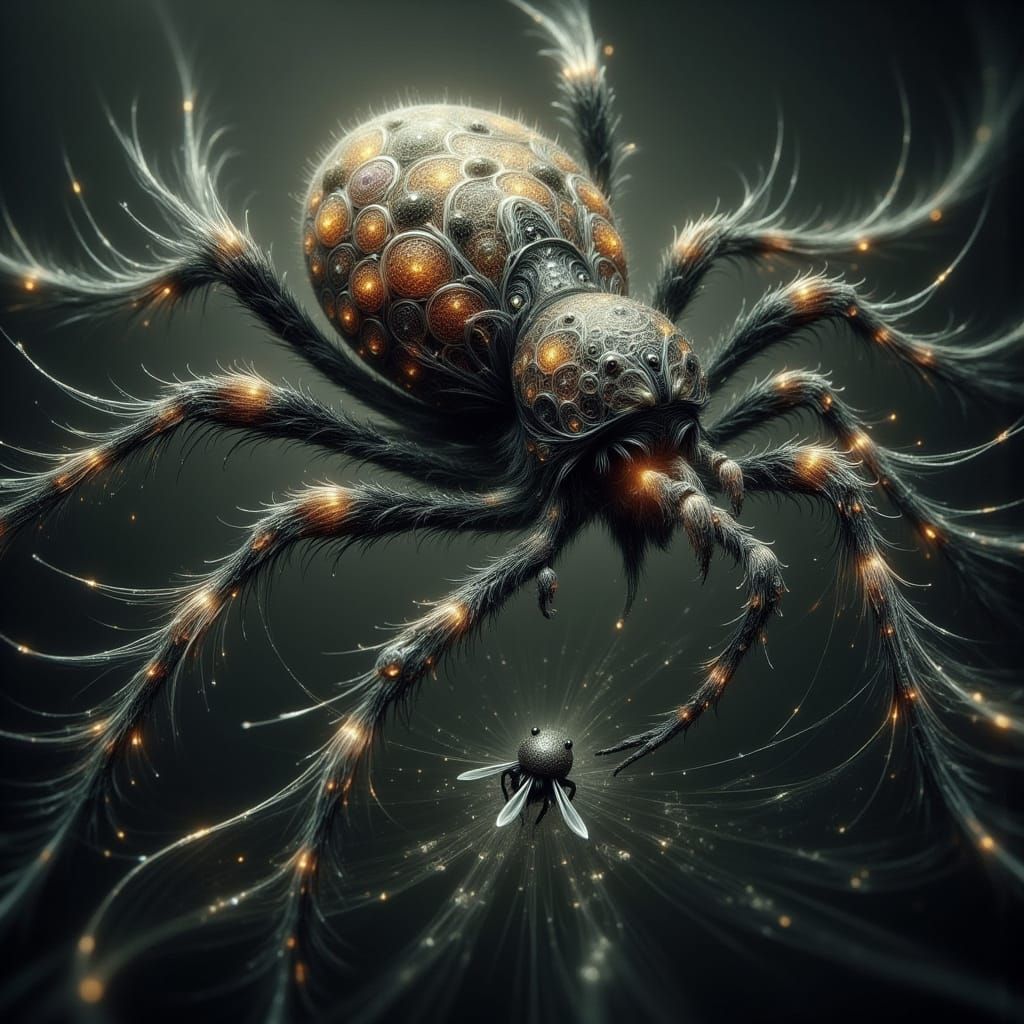 Gigantic Spider on Dew-Kissed Web in Dark Fantasy Style