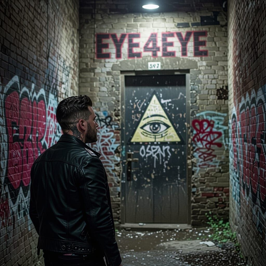 Man in Alley with Eye Symbol, Cinematic Film Still