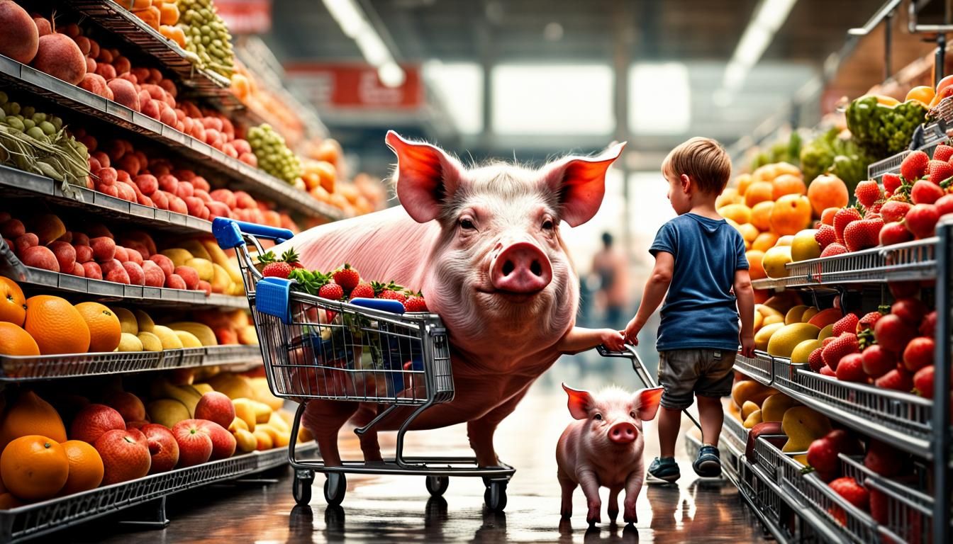 Hyperrealistic Pig Family Shopping for Fruit