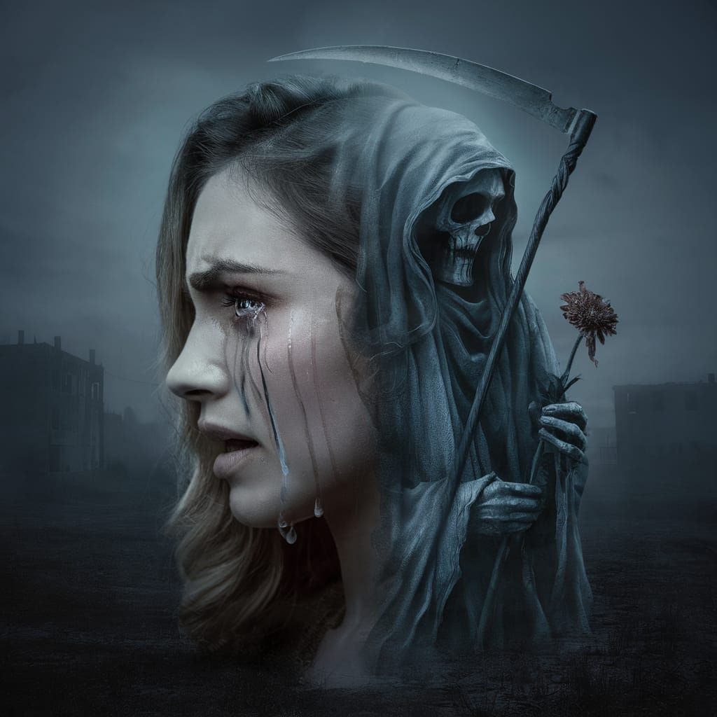 Haunting Double Exposure: Woman and Death