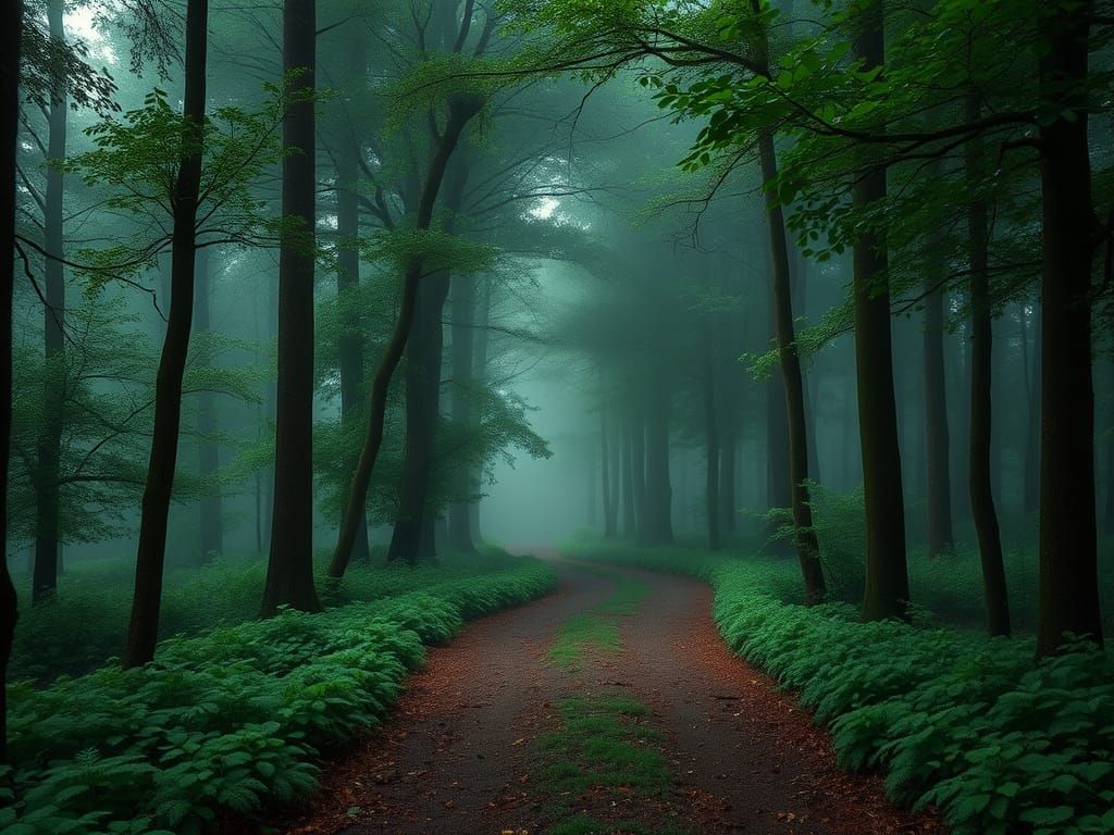 Misty Forest Path in Bob Ross Style