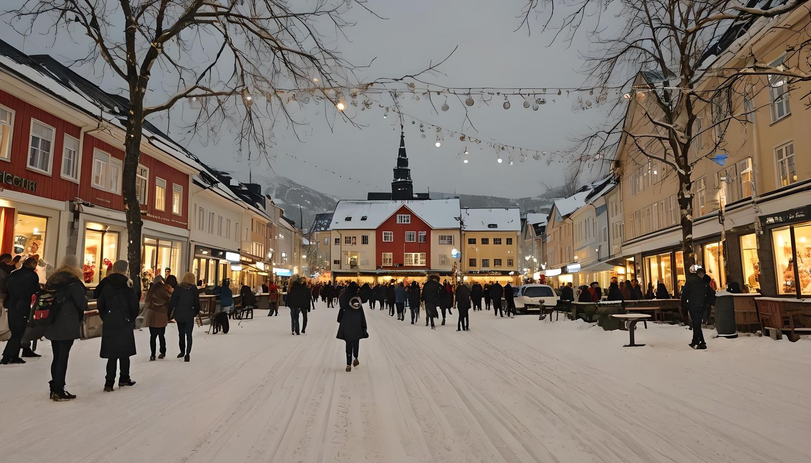 Festive Norwegian Town Center at Christmas