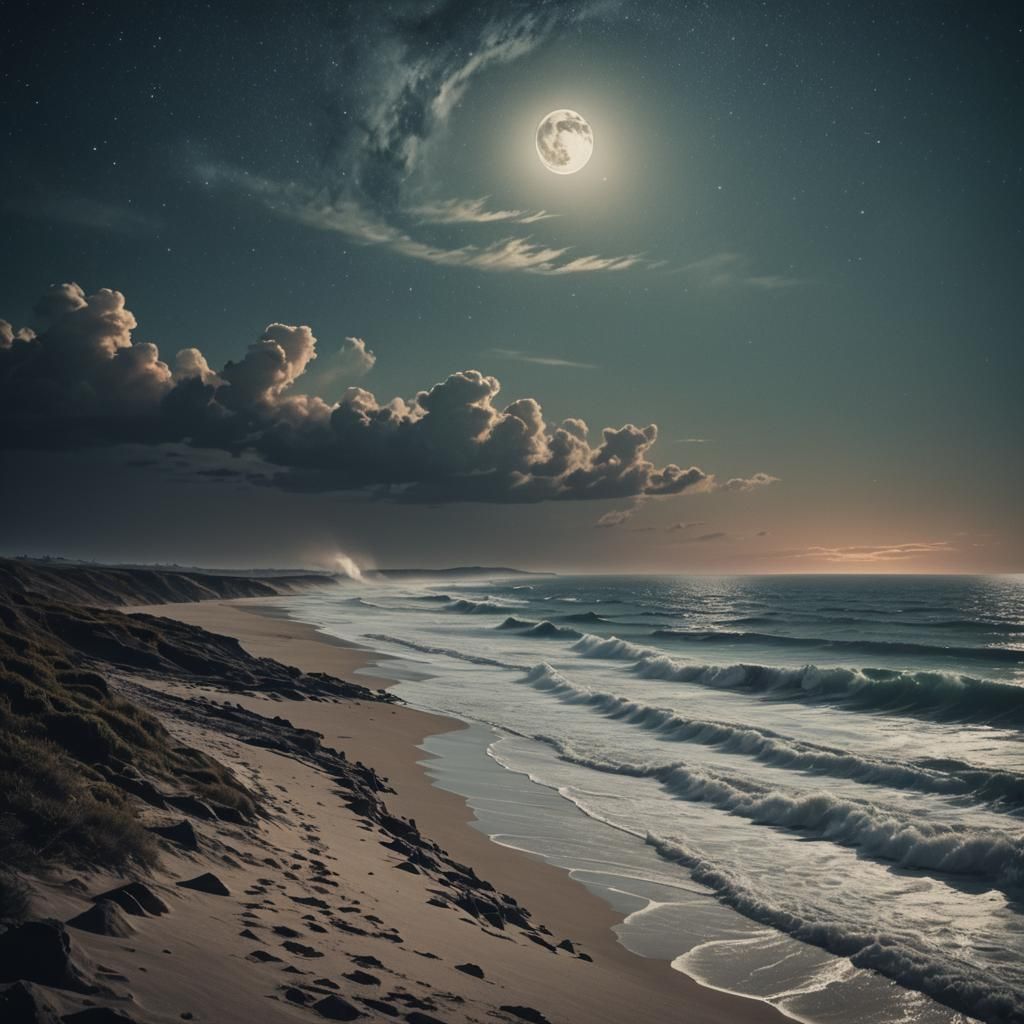 Dramatic Sea Waves Under Nebula Sky