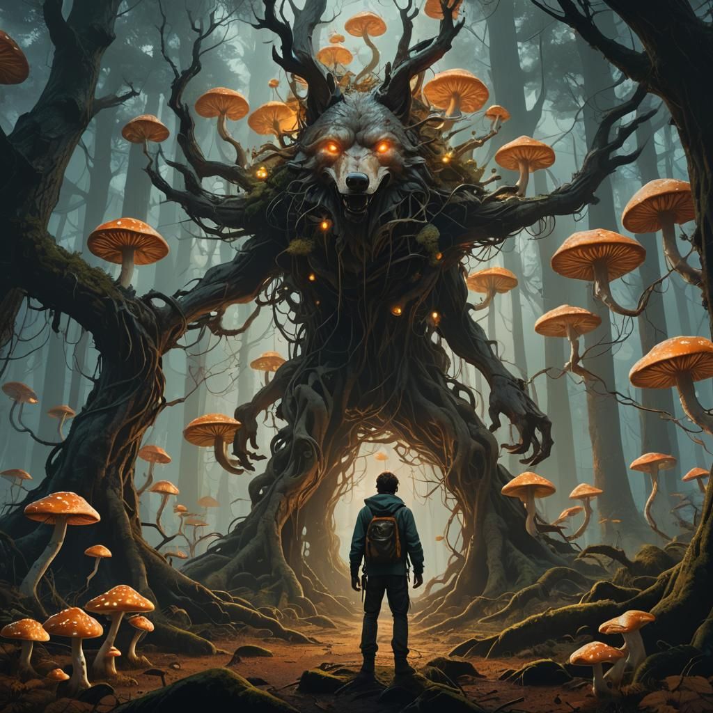 Mystical Forest Human-Wolf Hybrid in Matte Painting