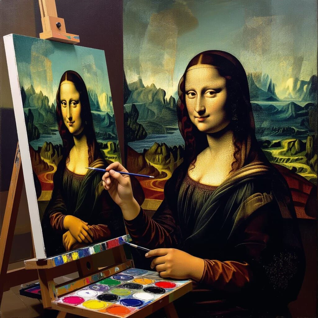 Mona Lisa Paints Van Gogh in Picasso Style