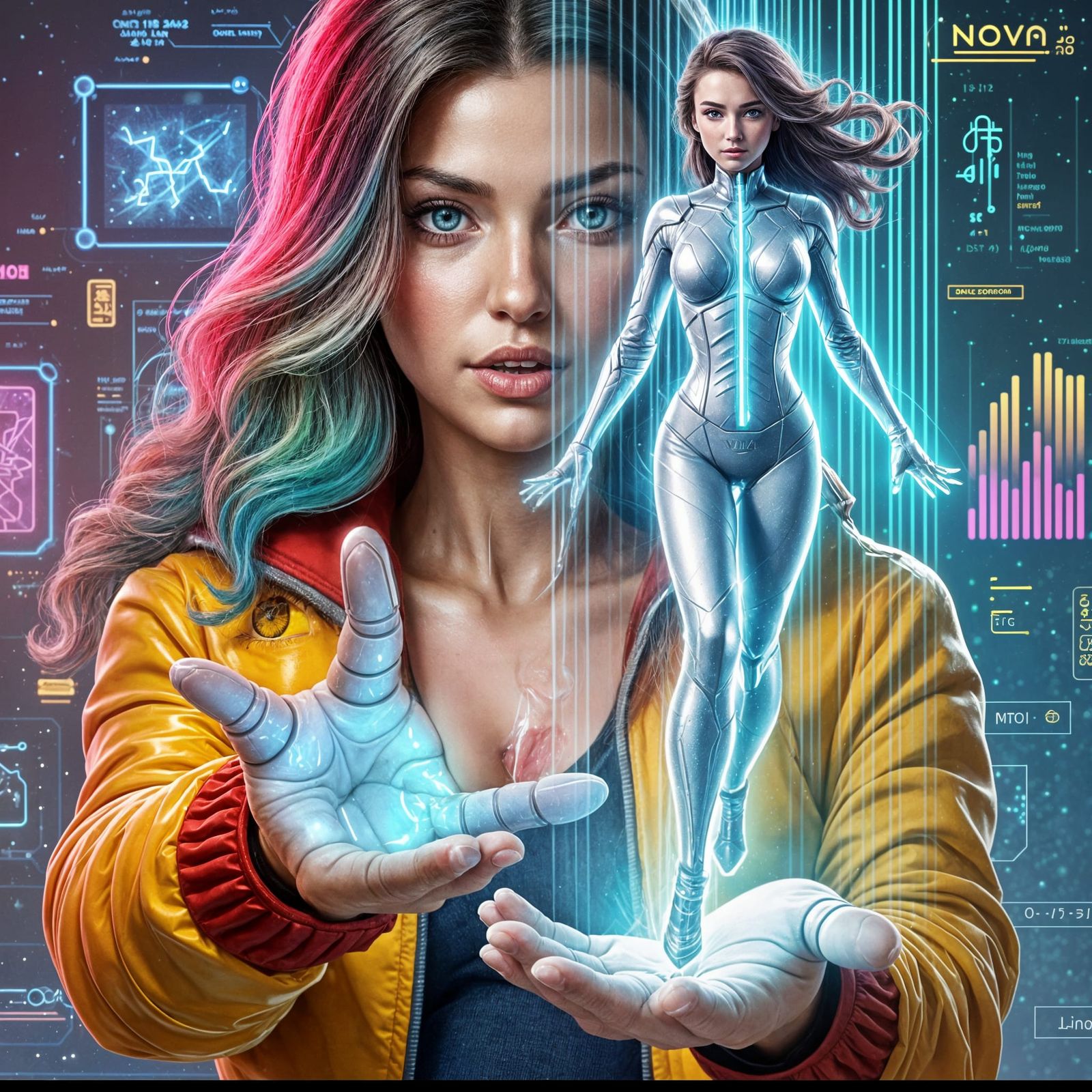 Holographic Projection of Nova in Cyberpunk Cityscape