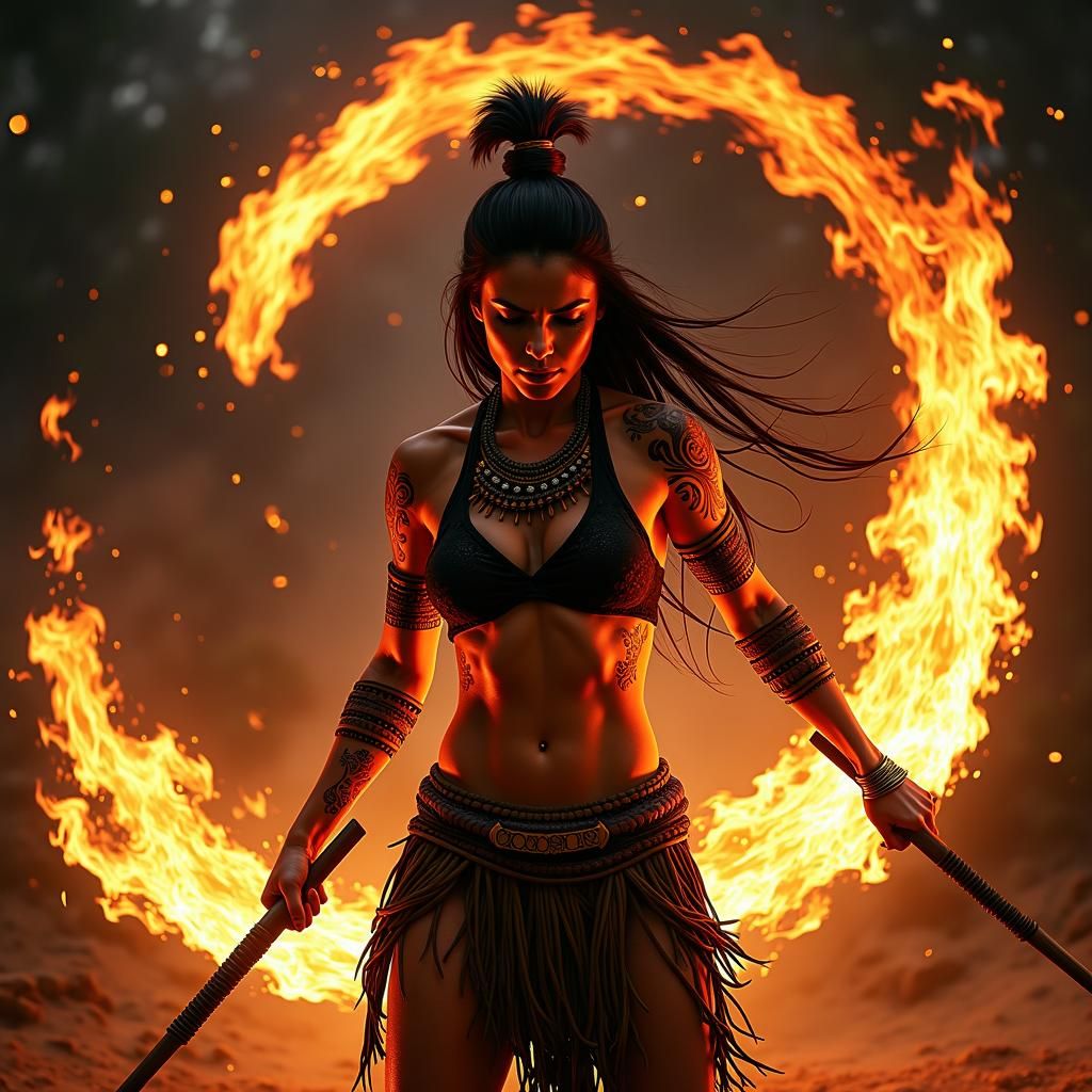 Maori Woman's Fiery Tribal Dance Illustration