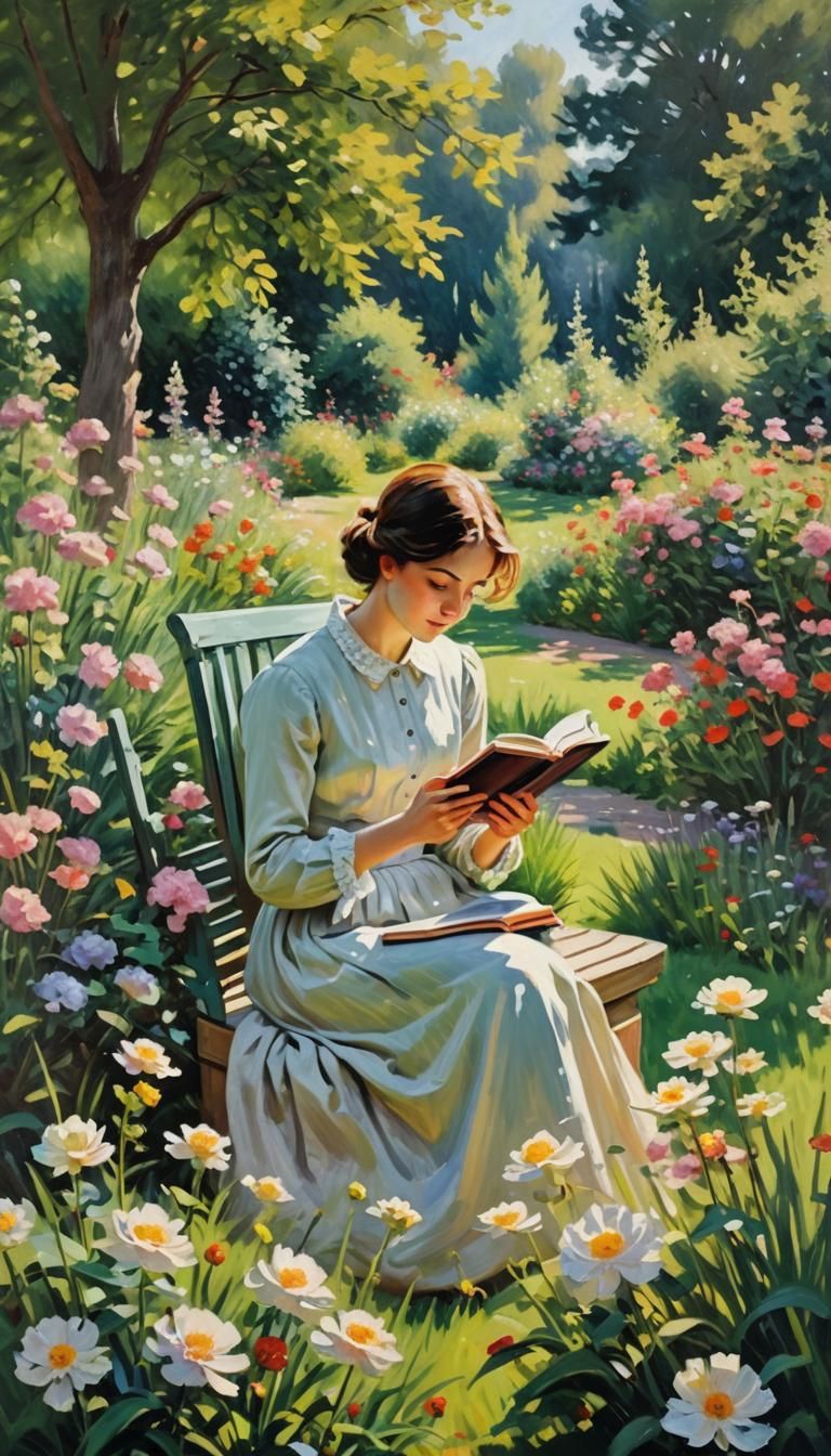 Impressionist Woman Reading in Summer Garden