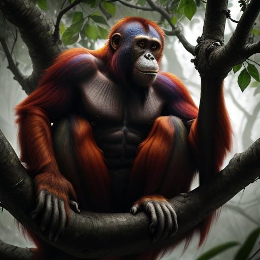 Rainbow Orangutan in Tree: Hyperrealistic HDR Image