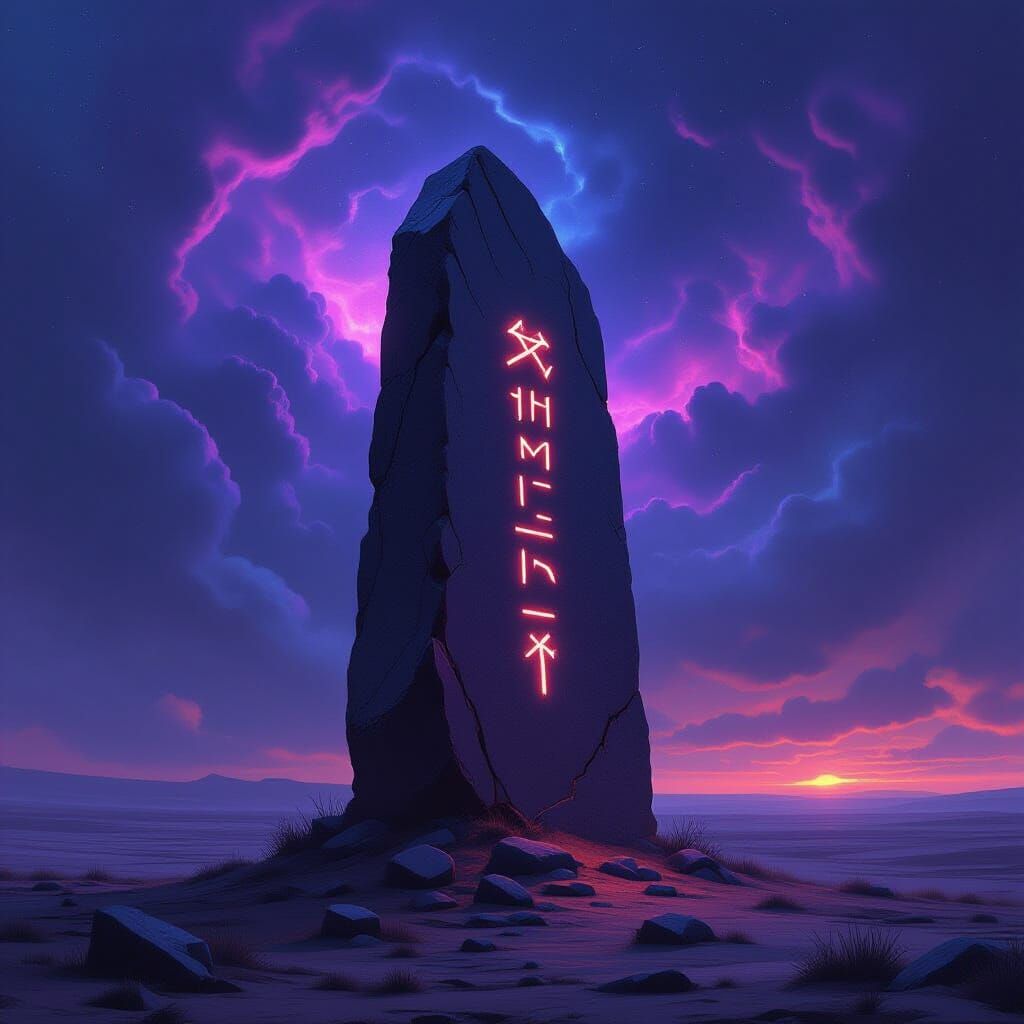 Ancient Monolith on Alien Plain with Cosmic Sky