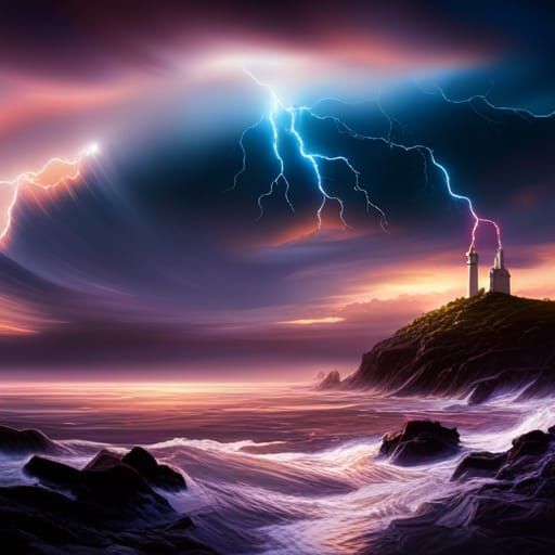 Electrical Storm off Coast in Fantasy Art Style