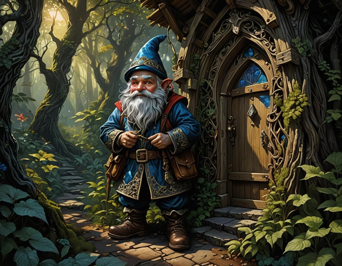 Gnome at Doorstep of Magical Hut