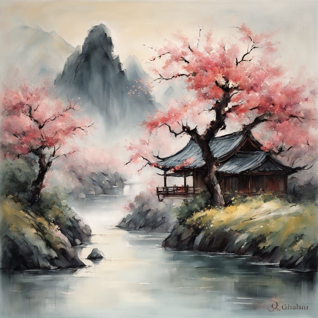 Ethereal Asian Mountains in Chinese Ink Wash Painting