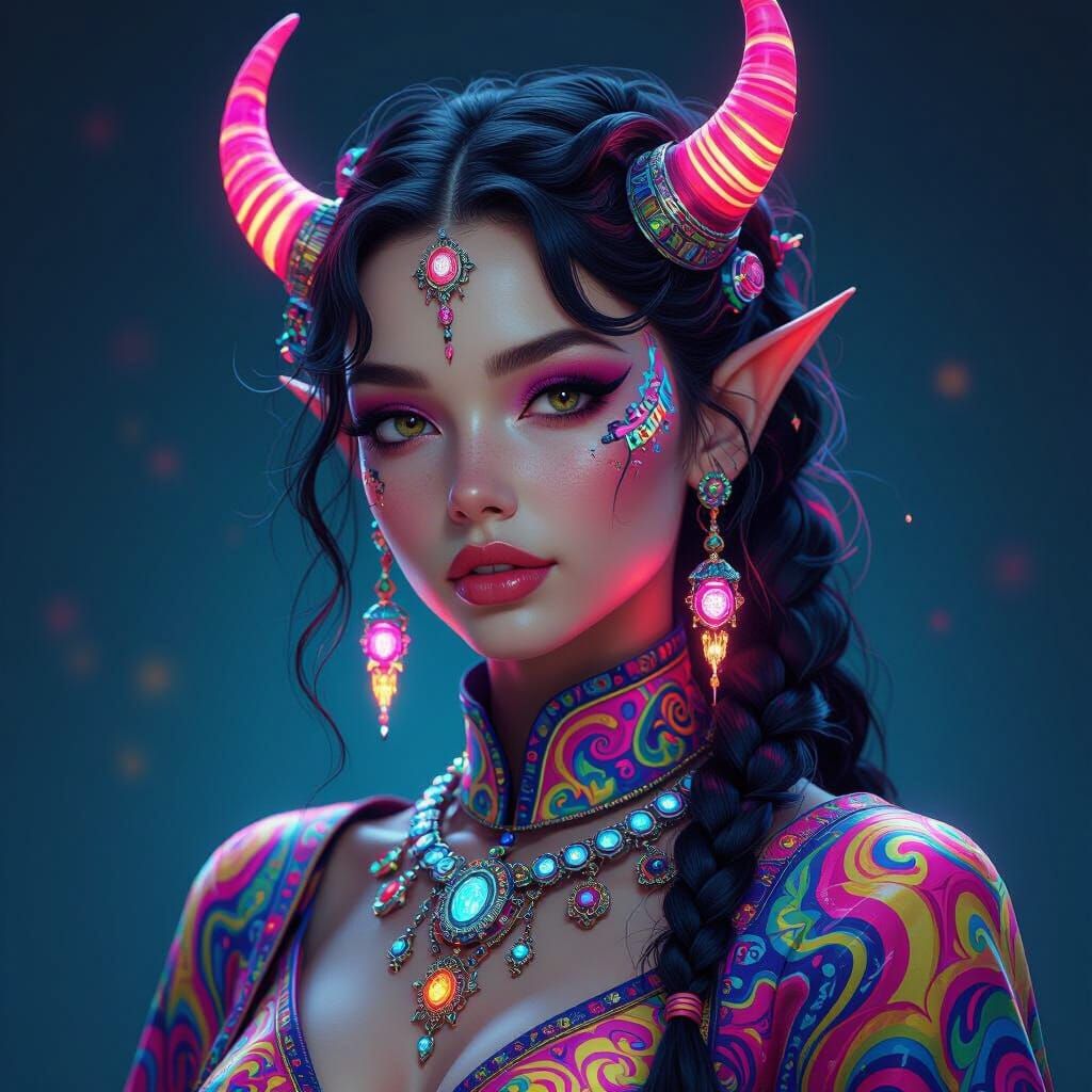 Hyperrealistic Devil Girl in Colorful Futuristic Attire