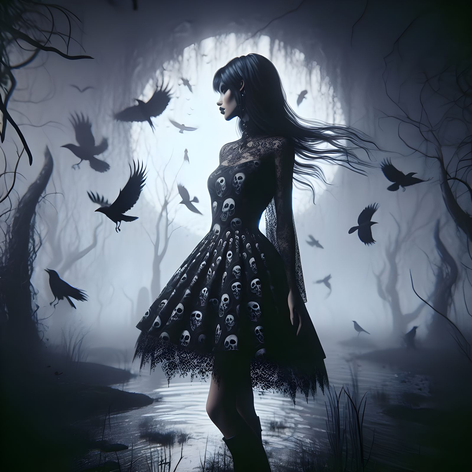 Ethereal Dark Witch in Gothic Fantasy Setting