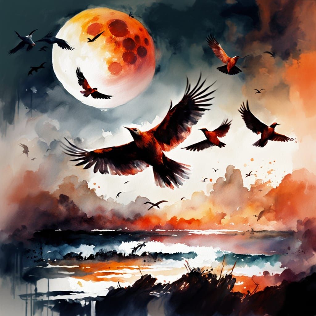 Three Blood Moons Over Ocean, Watercolor Style