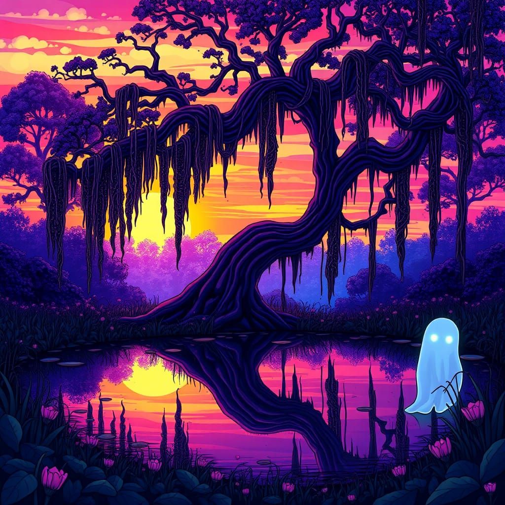 Mystical Twilight Forest Scene with Ghostly Figure