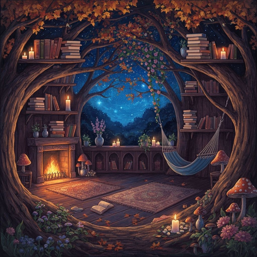 Cozy Autumn Treehouse Library Under Starry Night