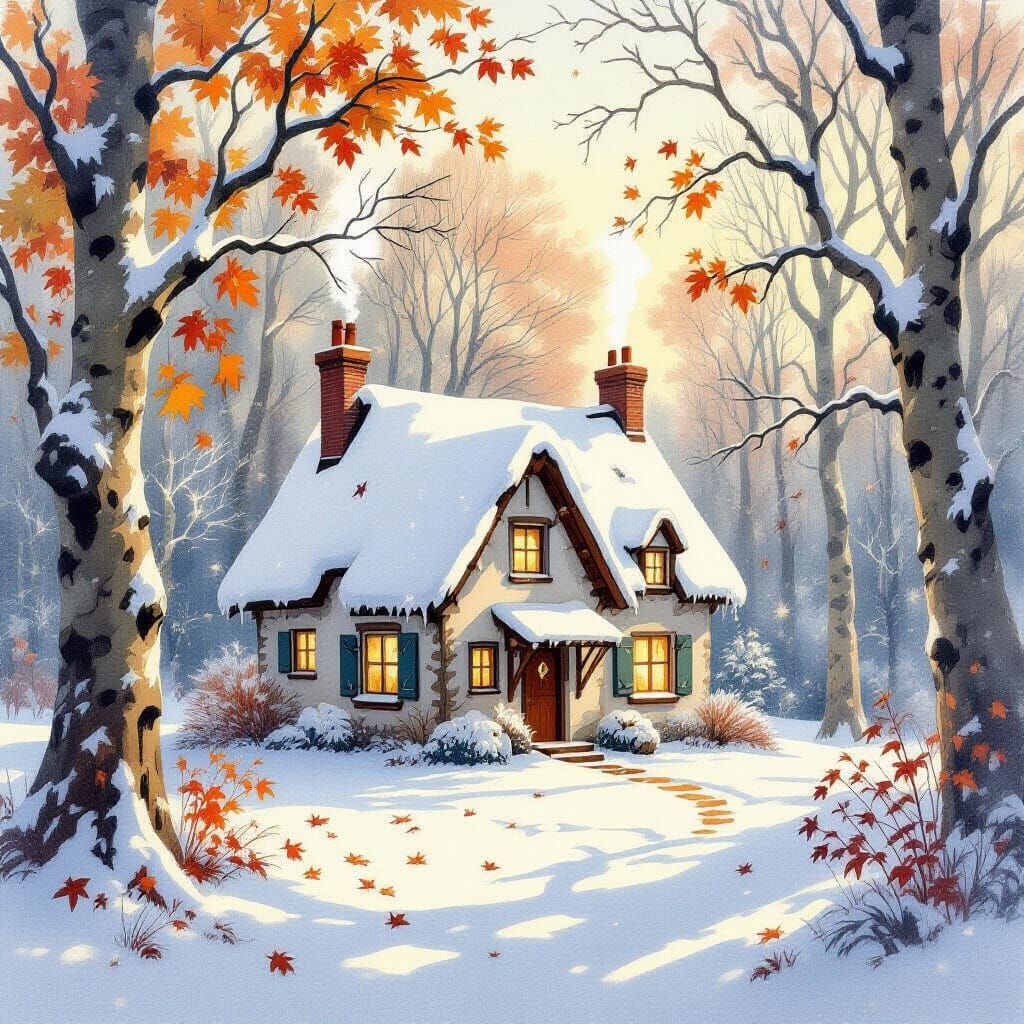 Whimsical Snow Cottage in Autumn Forest