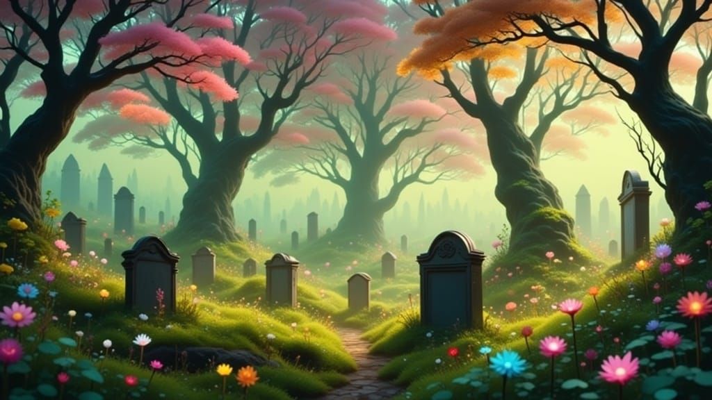 Mystical Cemetery: Miniature Gravestones in Predawn Mist