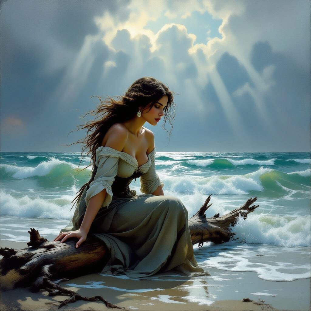 Shipwrecked Woman on Stormy Shore