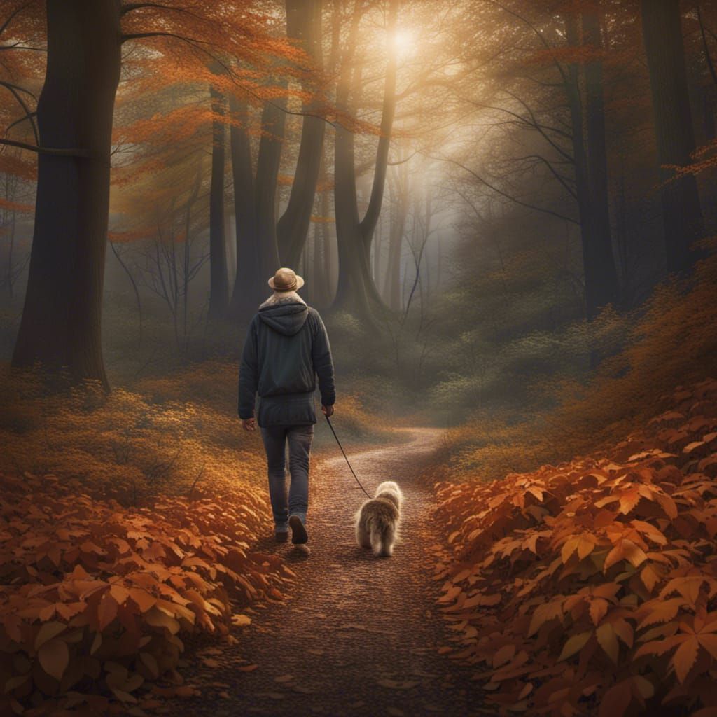 Autumn Walk with Dog in Atmospheric Forest