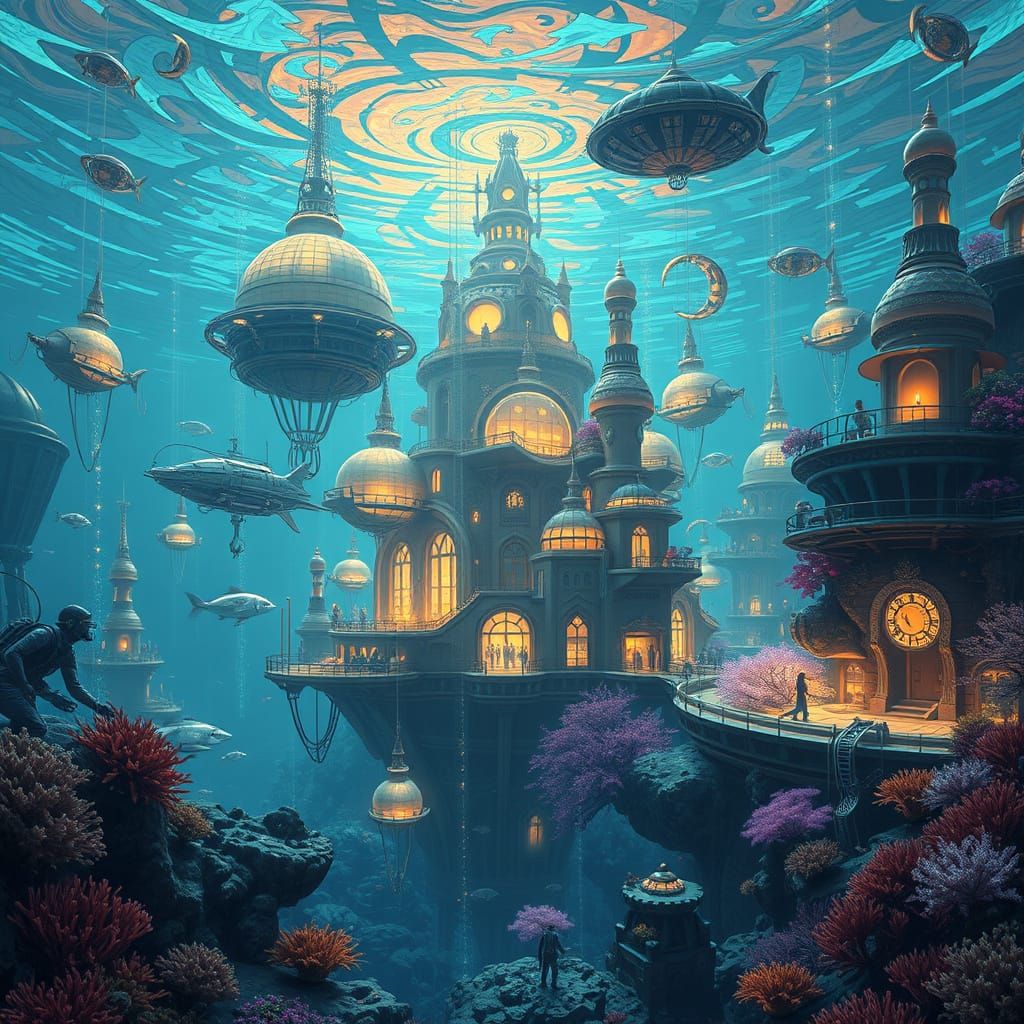 Bioluminescent Underwater City in Surrealist Style