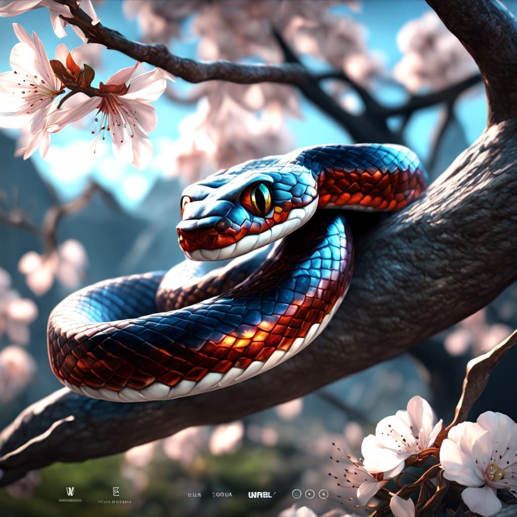 Year of the Snake: Iridescent Red Baby Snake in Cherry Bloss...