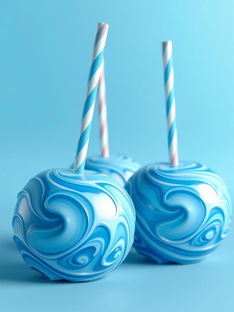 Vibrant Blue Swirled Candy Apples in Whimsical Anime Style