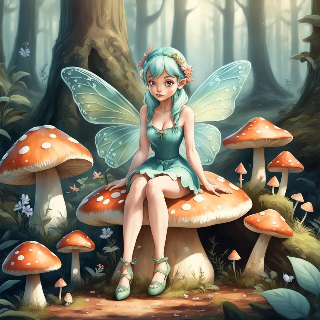 Whimsical Fairy on Toadstool in Pastel Forest