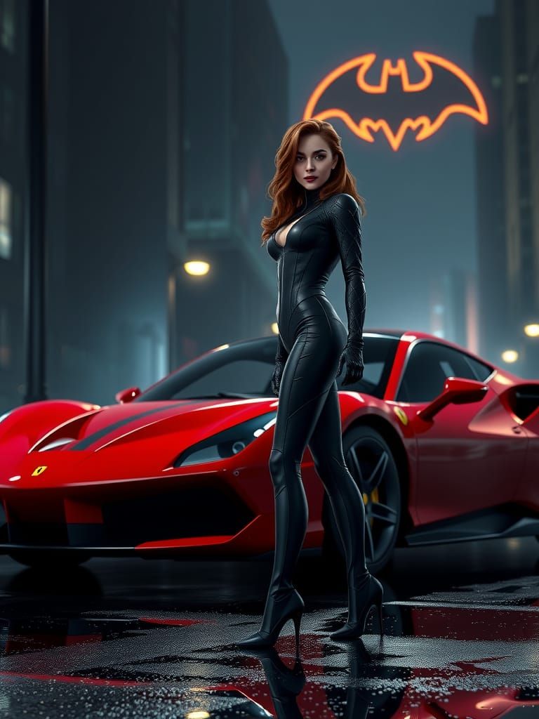 Black Widow and Ferrari in Cyberpunk Anime Style