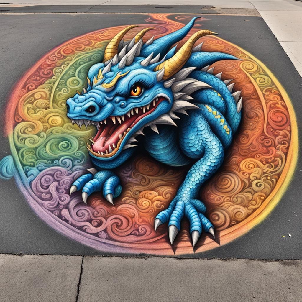 Colorful Chibi Dragon Chalk Art