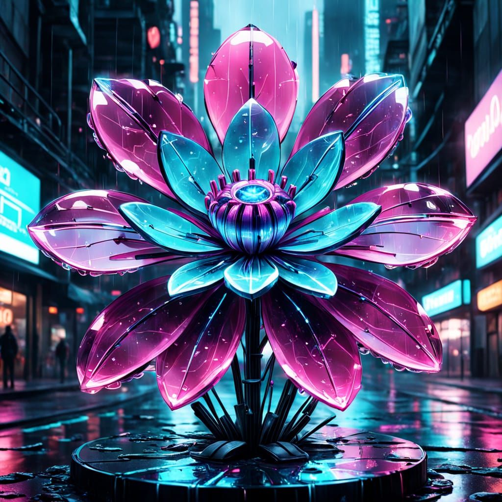 Neon Crystal Flower in Cyberpunk Cityscape