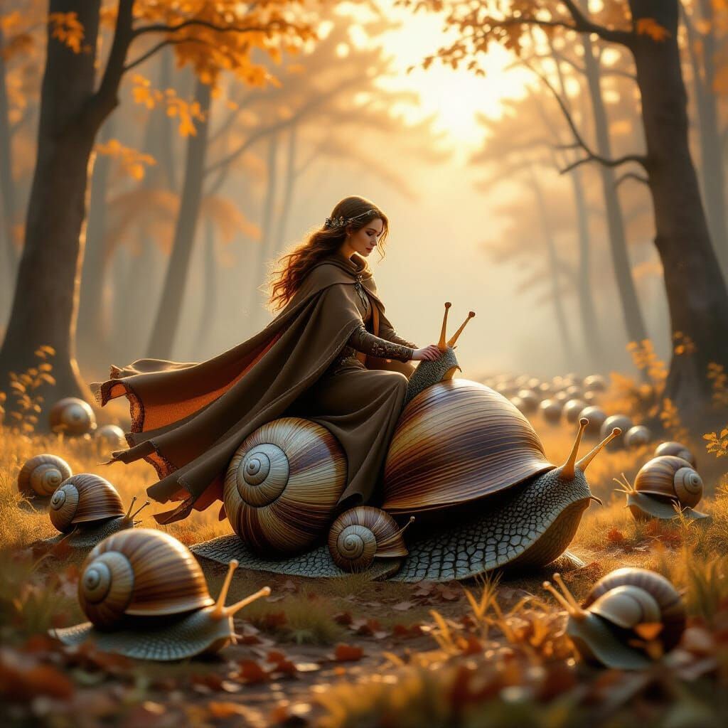 Woman Rides Giant Snails Through Autumn Forest at Dawn