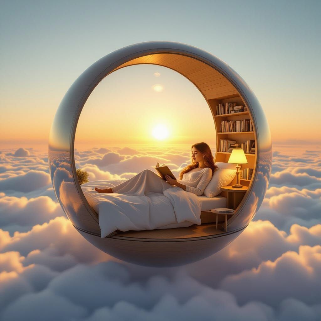 Dreamy Bedroom in Glass Sphere Above Clouds