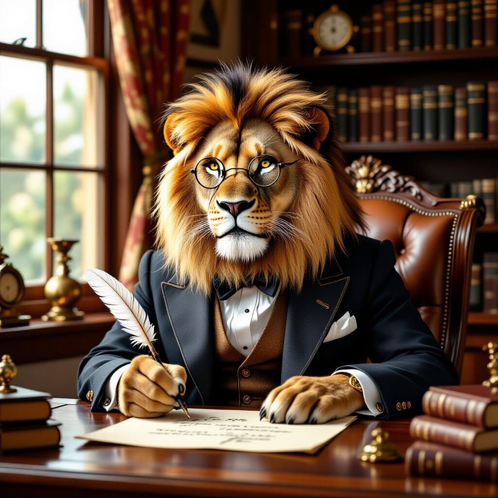 Lion in Suit Writes Letter in Cozy Study