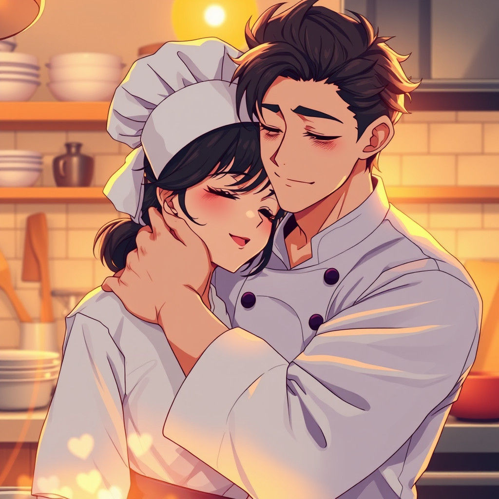 Loving Chefs Embrace in Anime Manga Style